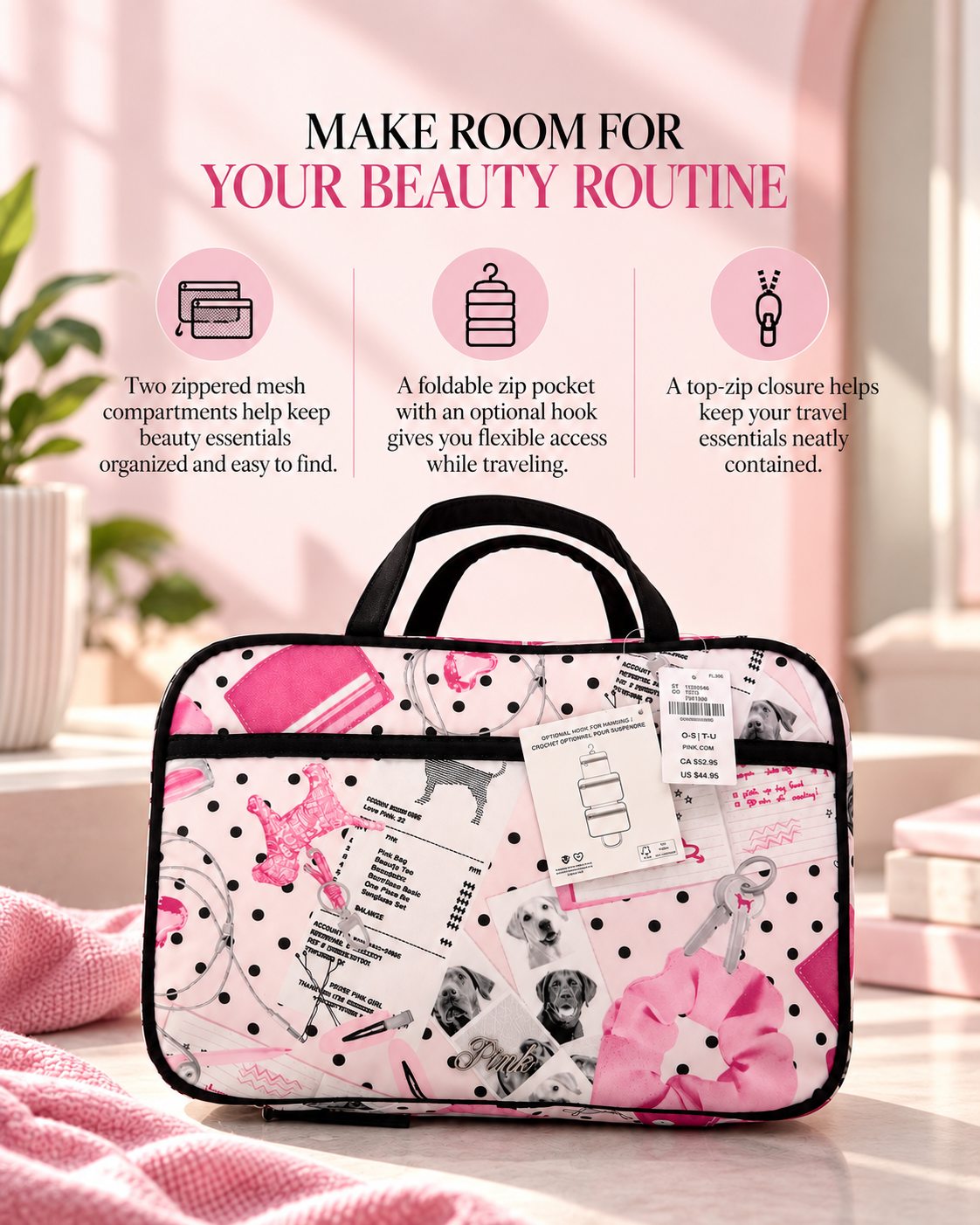 Victoria’s Secret PINK Travel Toiletry Bag, Pink Tulip Iconic Makeup