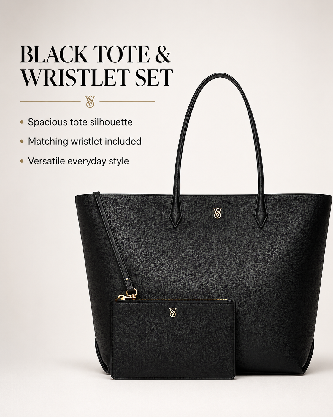 Victoria’s Secret Black Faux Leather Tote Bag & Wristlet Set