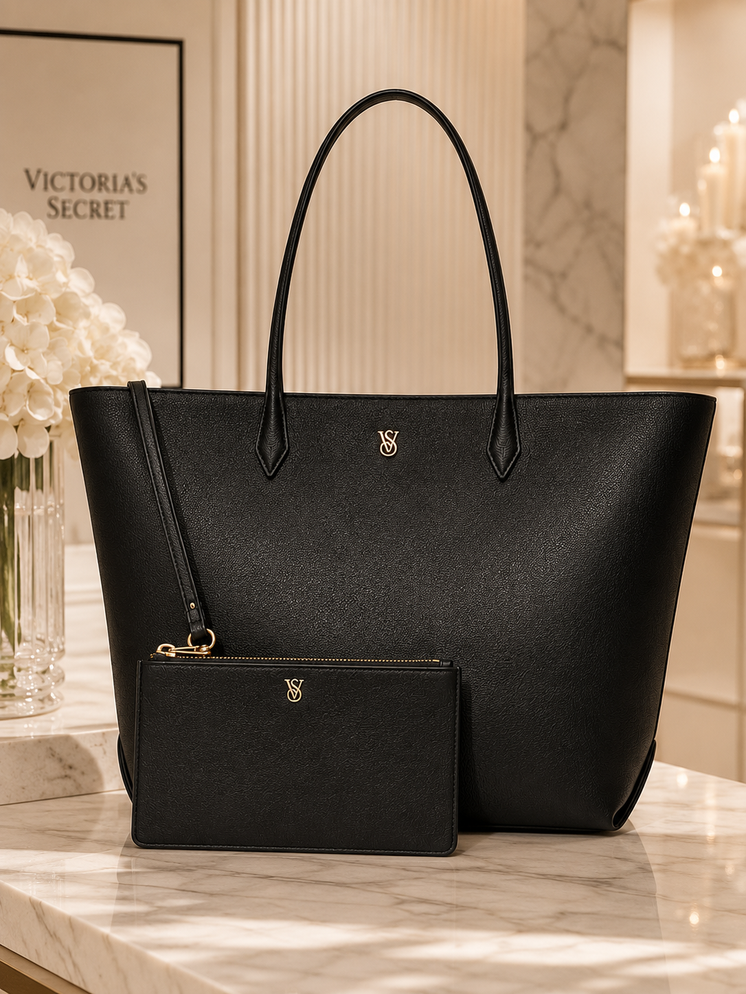 Victoria’s Secret Black Faux Leather Tote Bag & Wristlet Set