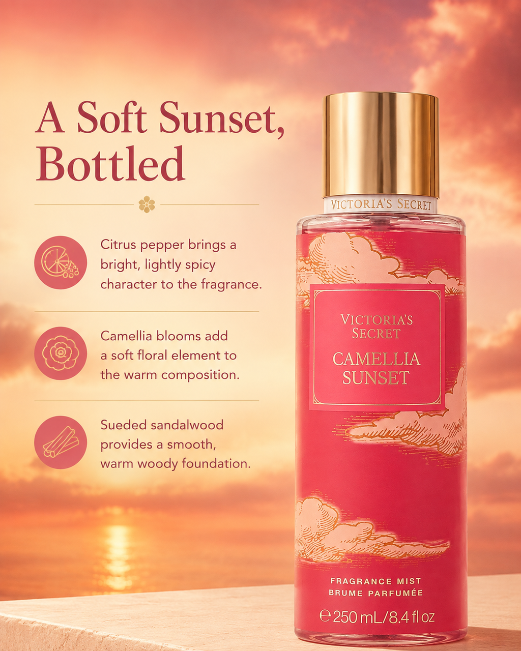 Victoria’s Secret Camellia Sunset Fragrance Mist – Woody Amber, 8.4 fl oz