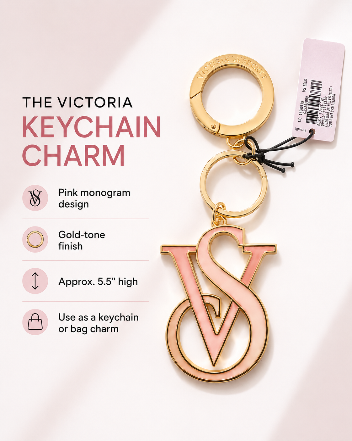 Victoria’s Secret The Victoria Keychain Charm, Gold & Pink Monogram, 5.5"