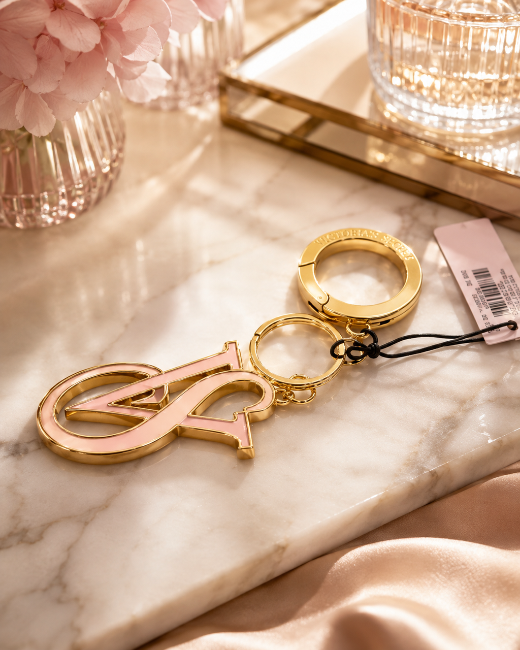 Victoria’s Secret The Victoria Keychain Charm, Gold & Pink Monogram, 5.5"
