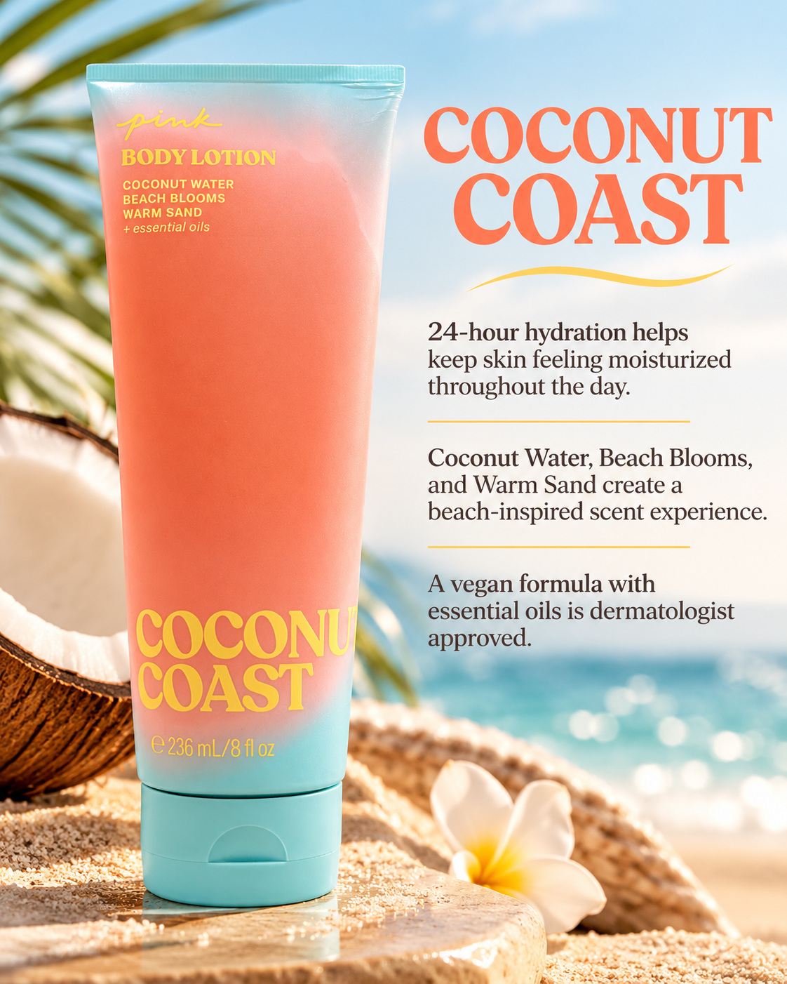 Victoria’s Secret PINK Coconut Coast Body Lotion with Essential Oils, 8 fl oz