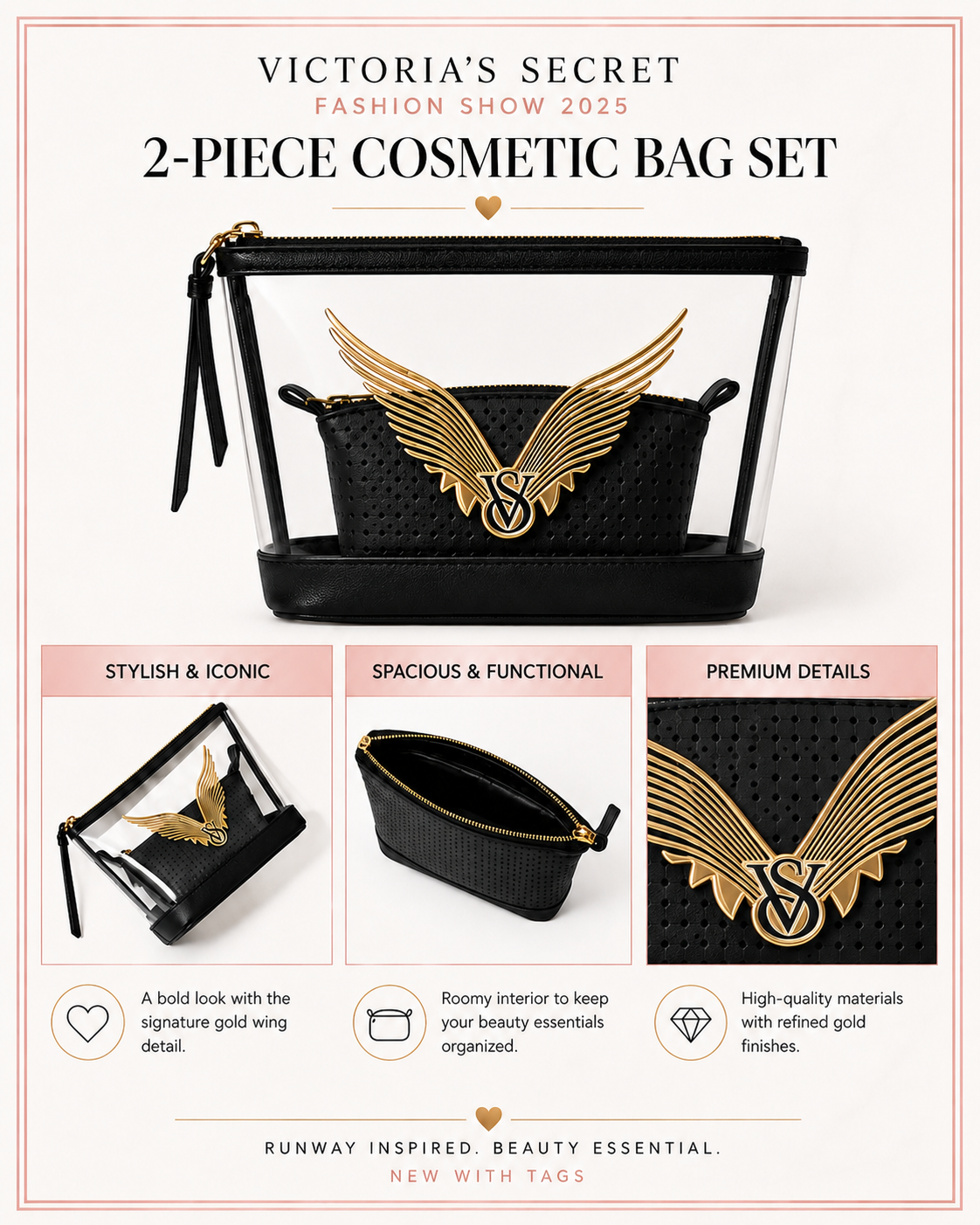 Victoria’s Secret Fashion Show 2025 2-Piece Cosmetic Bag Set, Clear & Black