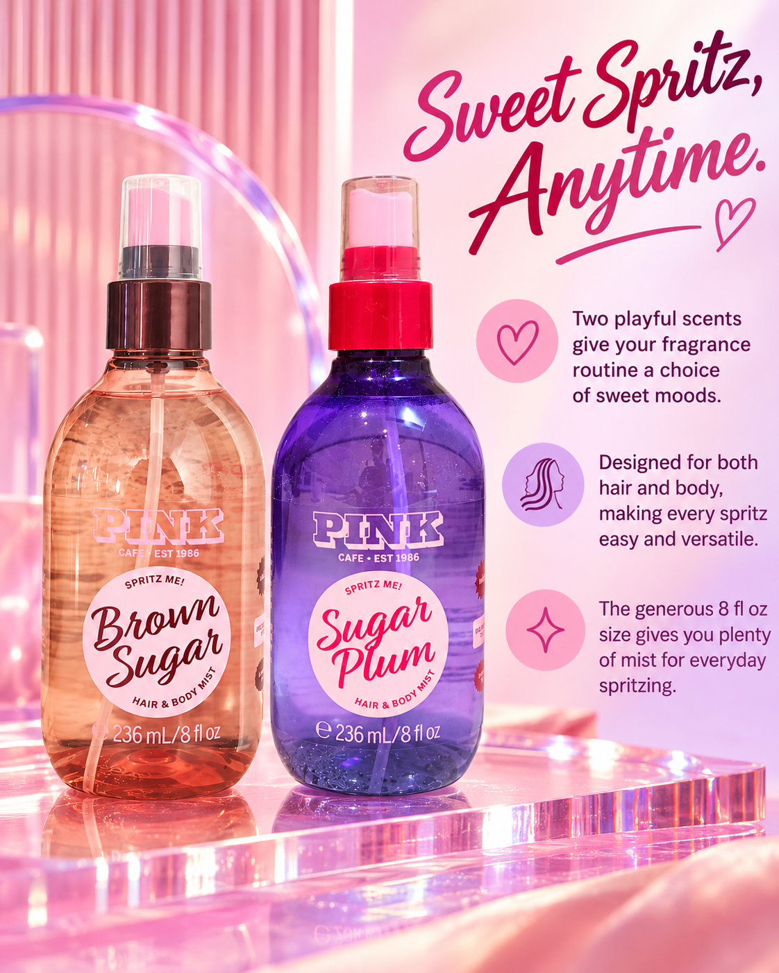 Victoria’s Secret PINK Brown Sugar & Sugar Plum Hair & Body Mist Set, 8 fl oz