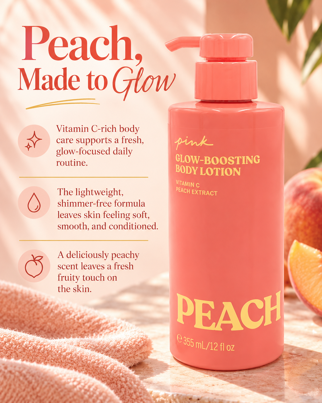 Victoria’s Secret PINK Glow-Boosting Body Lotion Peach, Vitamin C + Peach Extract, 12 fl oz