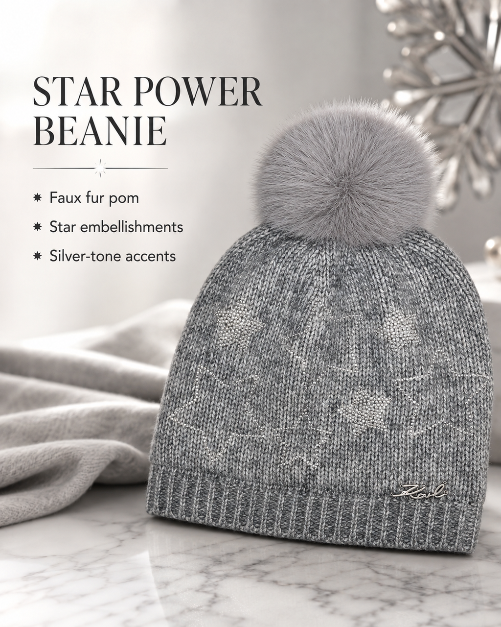 Karl Lagerfeld Women’s Star Power Faux Fur Beanie – Heather Granite