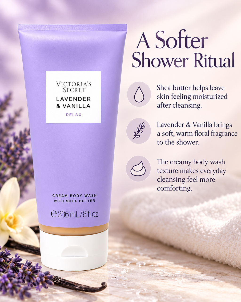 Victoria’s Secret Lavender & Vanilla Cream Body Wash with Shea Butter, 8 fl oz