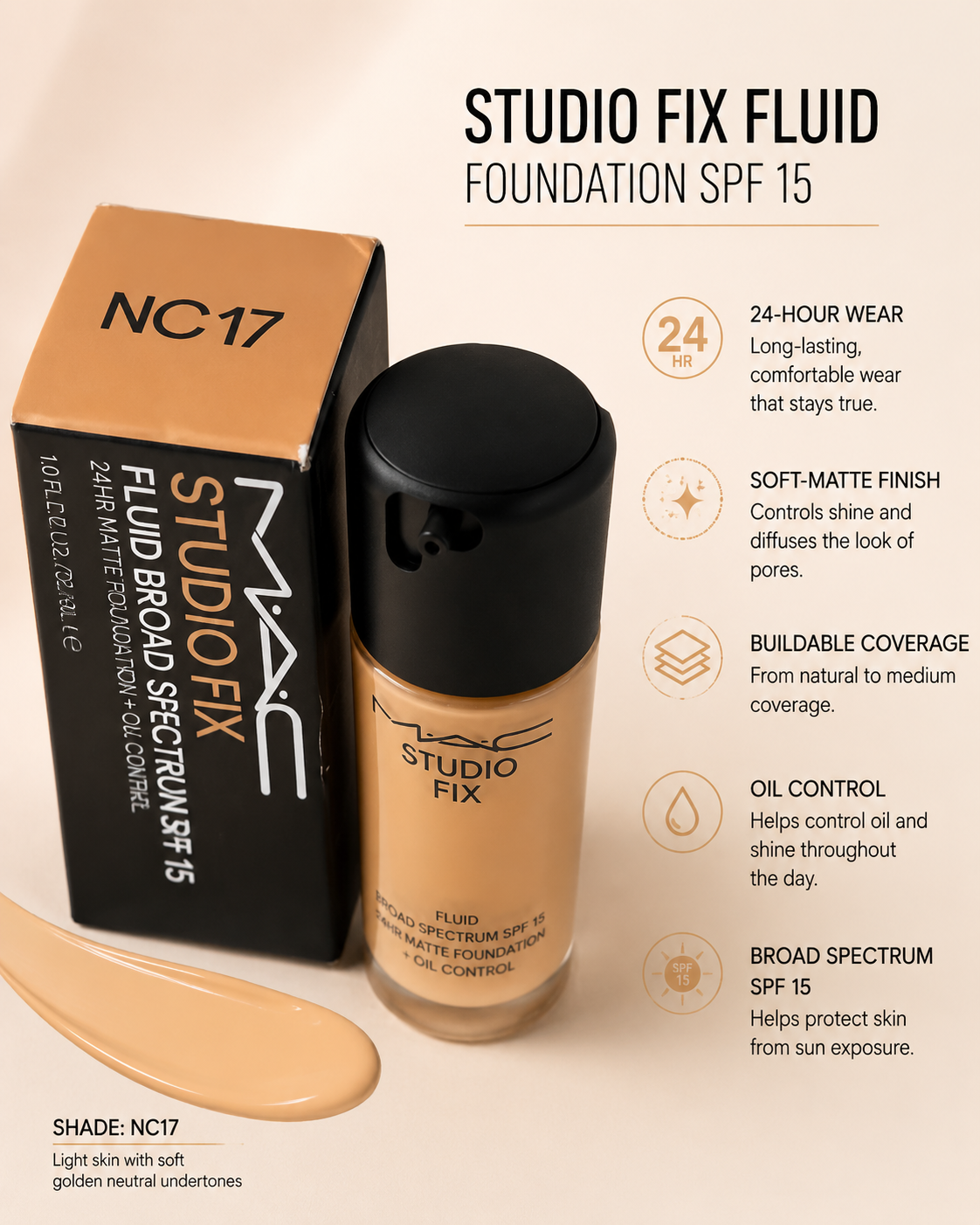 MAC Studio Fix Fluid SPF 15 24HR Matte Foundation NC17 30ml