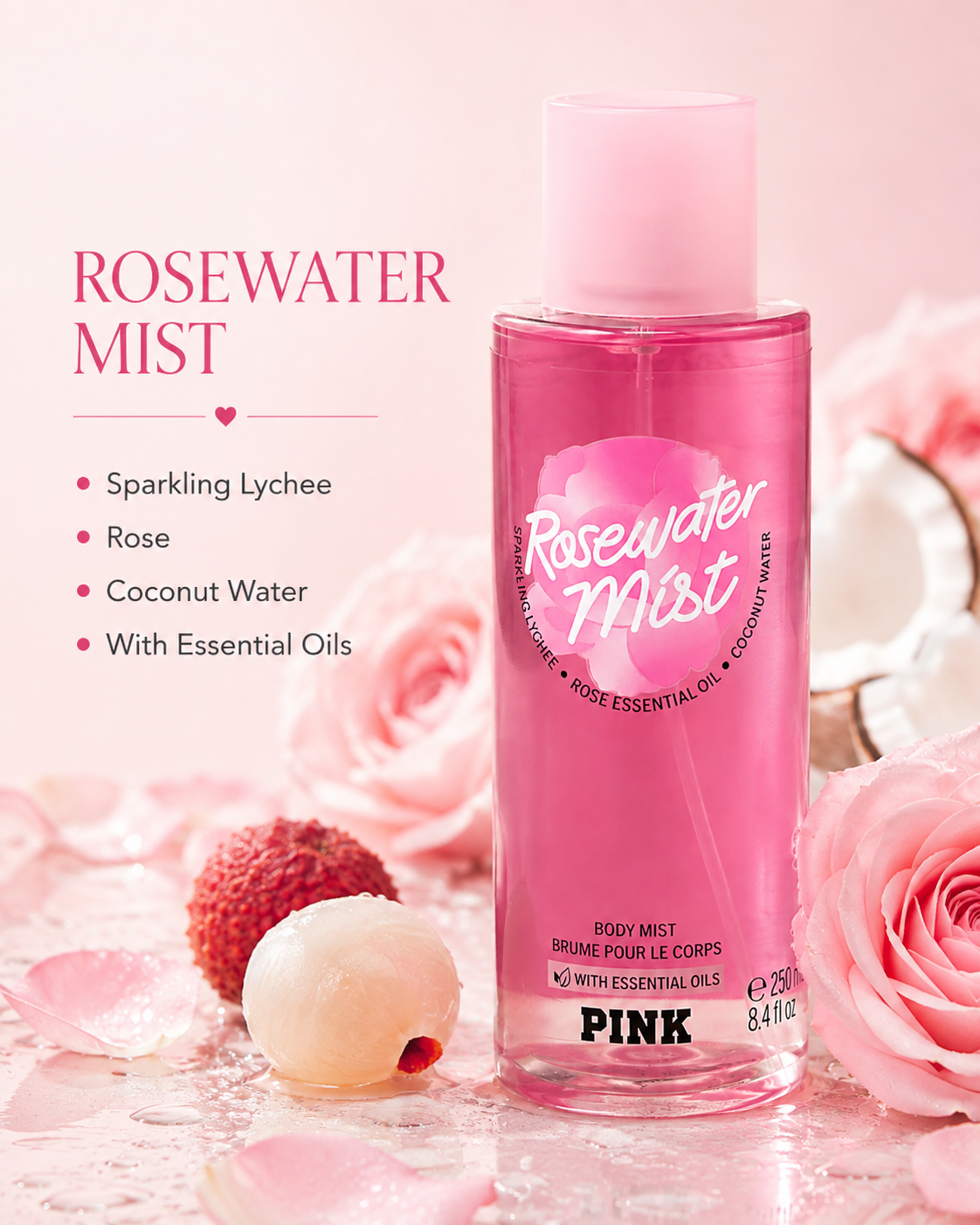 Victoria’s Secret PINK Rosewater Mist Body Mist with Essential Oils, 8.4 oz