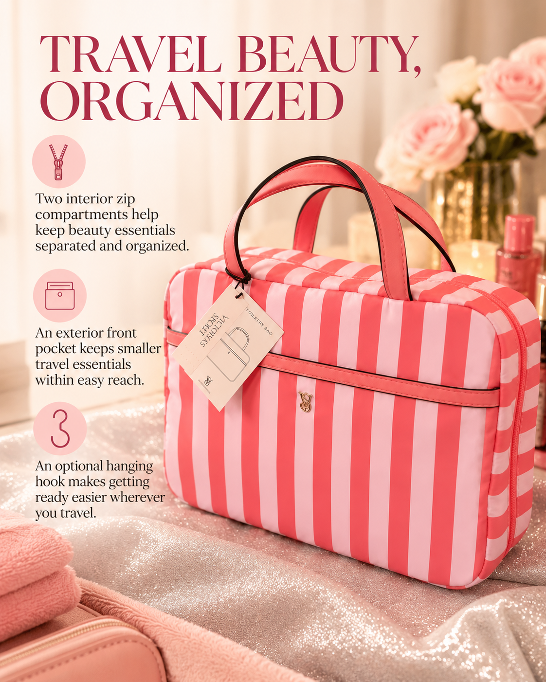 Victoria's Secret Travel Hanging Toiletry Bag, Pink Stripe