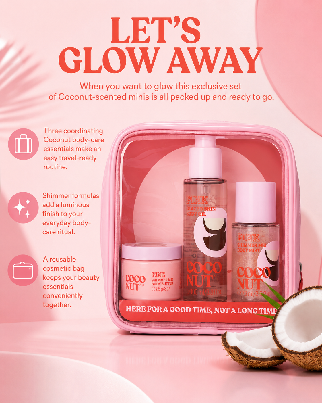 PINK Let’s Glow Away Shimmer Travel Set, Coconut, 3-Piece Body Care Gift Set