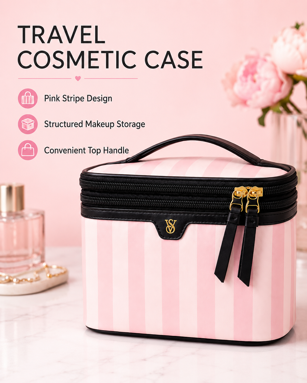 Victoria’s Secret Pink Stripe Cosmetic Bag Travel Makeup Case