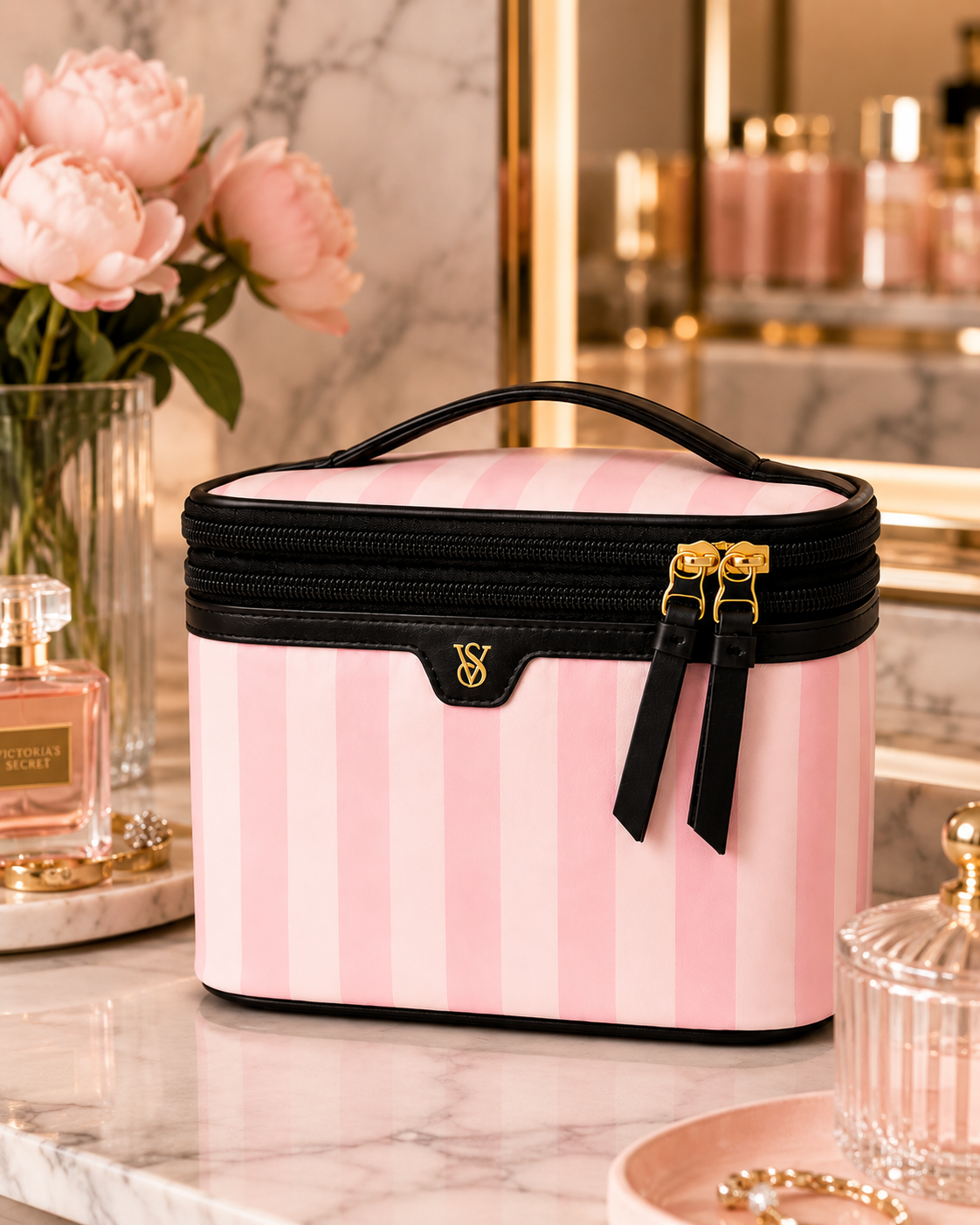 Victoria’s Secret Pink Stripe Cosmetic Bag Travel Makeup Case