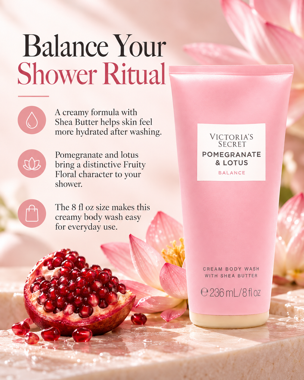 Victoria’s Secret Pomegranate & Lotus Balance Cream Body Wash with Shea Butter, 8 fl oz