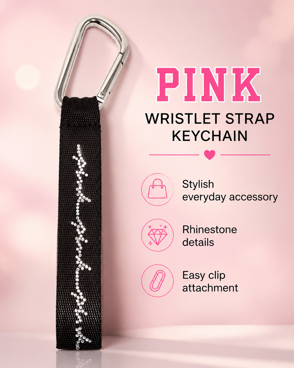 Victoria’s Secret PINK Rhinestone Wristlet Strap Keychain