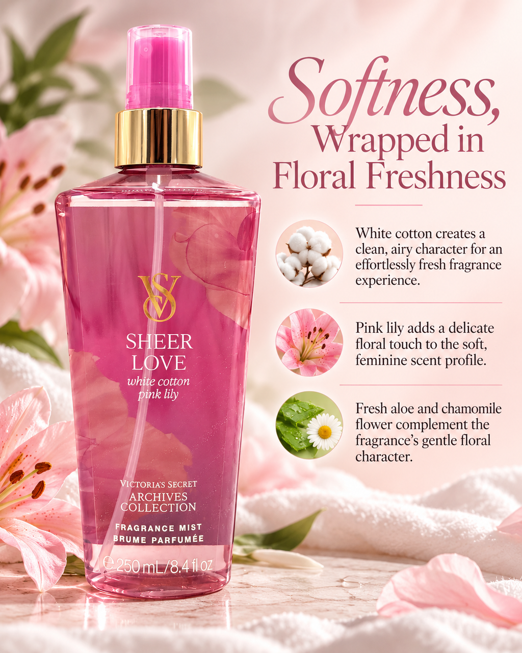 Victoria’s Secret Sheer Love Fragrance Mist – White Cotton & Pink Lily, 8.4 fl oz