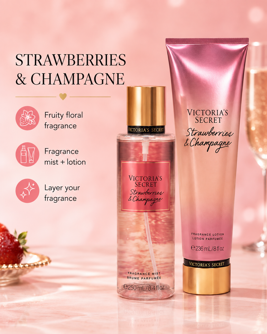 Victoria’s Secret Strawberries & Champagne Fragrance Mist & Lotion Set, 8.4 oz + 8 oz