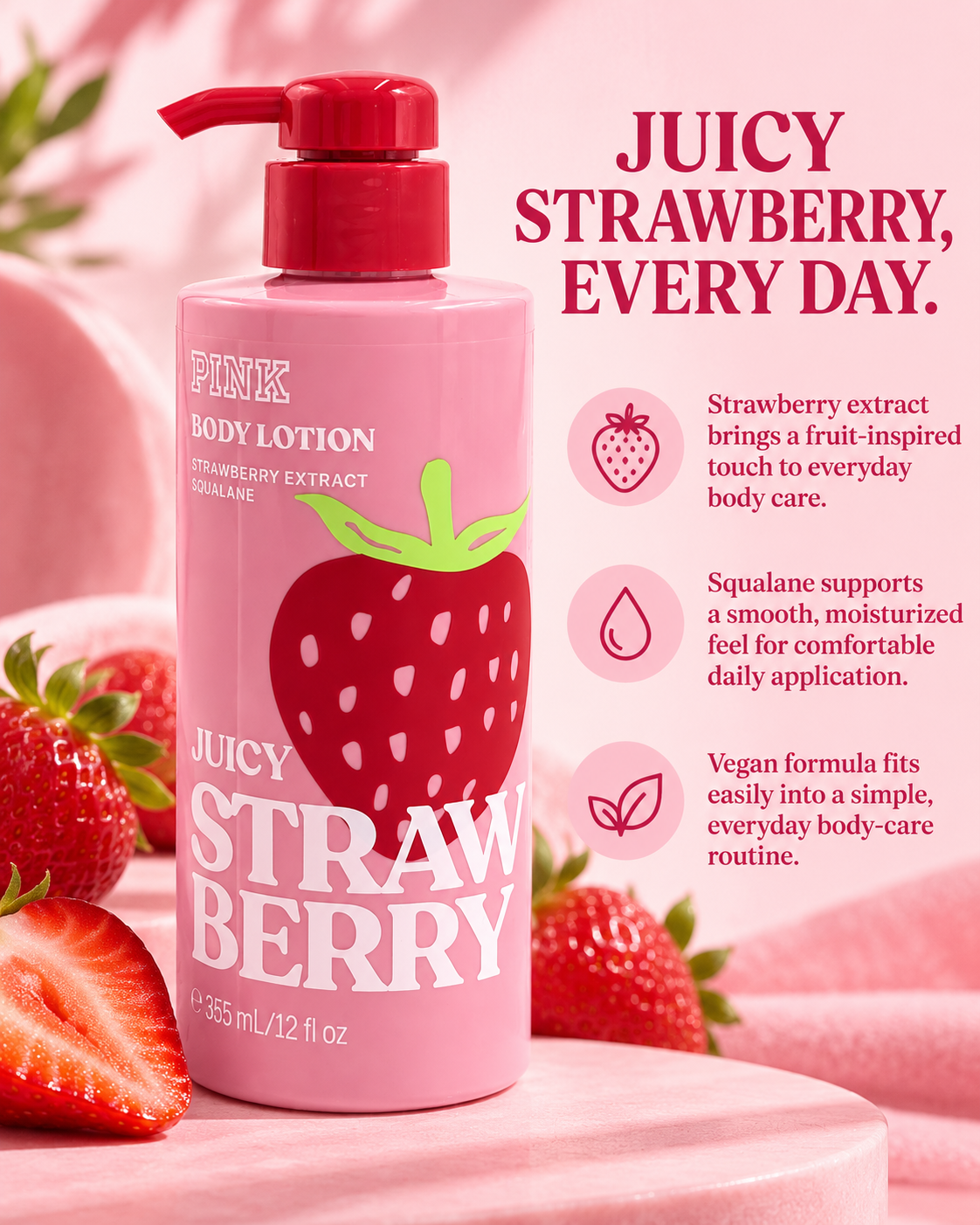 Victoria’s Secret PINK Juicy Strawberry Body Lotion with Strawberry Extract & Squalane, 12 fl oz