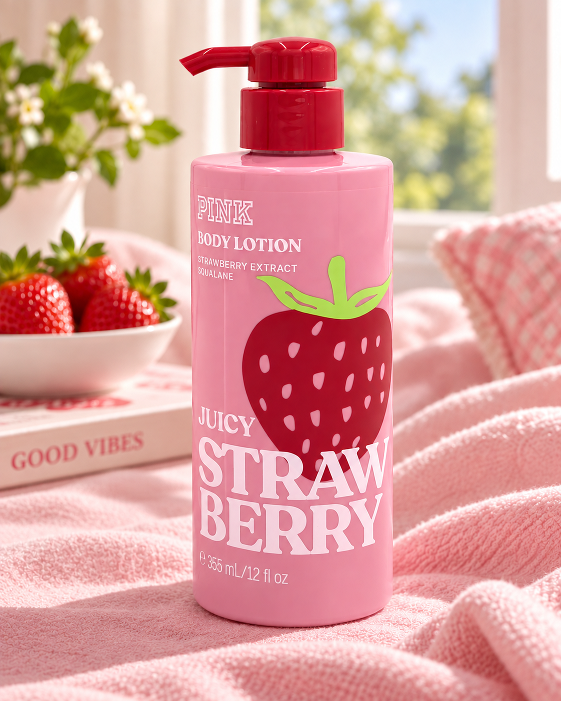 Victoria’s Secret PINK Juicy Strawberry Body Lotion with Strawberry Extract & Squalane, 12 fl oz