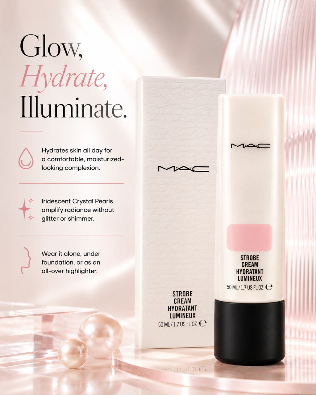 M·A·C Strobe Cream Moisturizer + Highlighter – Pinklite, 1.7 fl oz / 50 ml