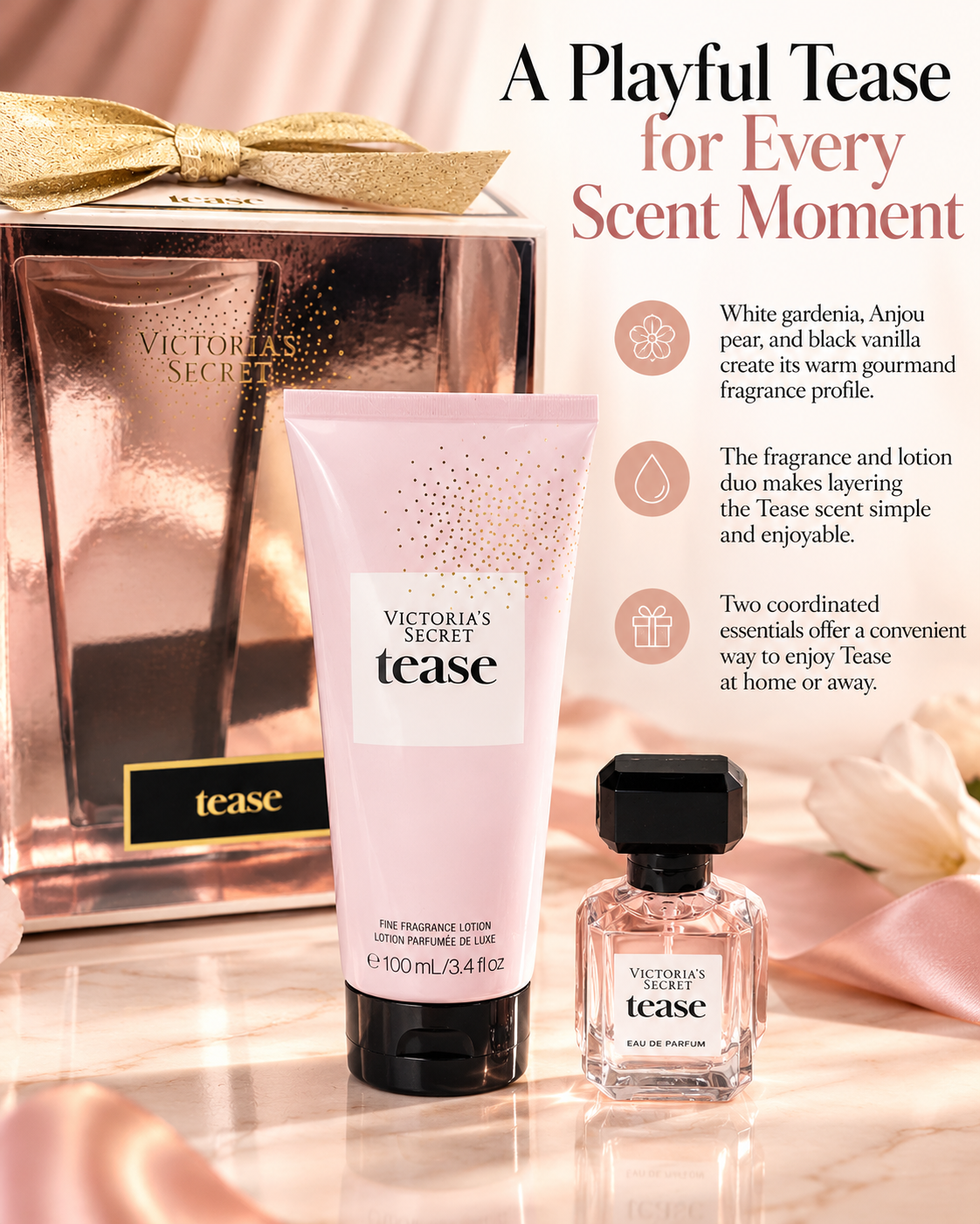 Victoria’s Secret Tease Mini Eau de Parfum & Fine Fragrance Lotion Gift Set, 0.25 oz + 3.4 oz