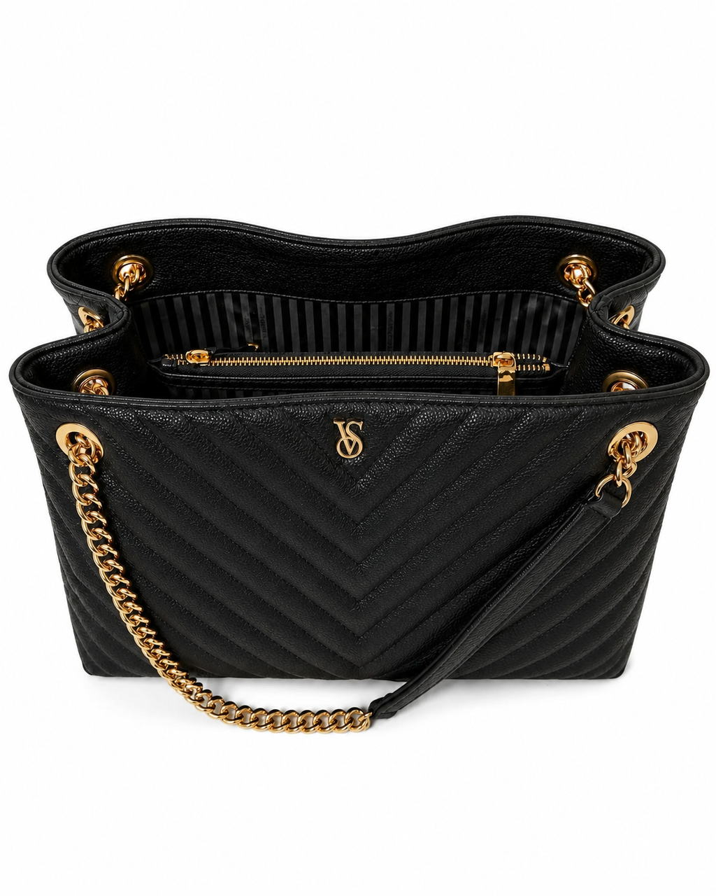 Victoria’s Secret The Victoria Black Quilted Tote Bag with Gold Chain Handles, Large, NWT