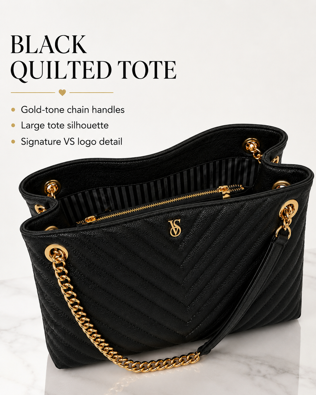 Victoria’s Secret The Victoria Black Quilted Tote Bag with Gold Chain Handles, Large, NWT