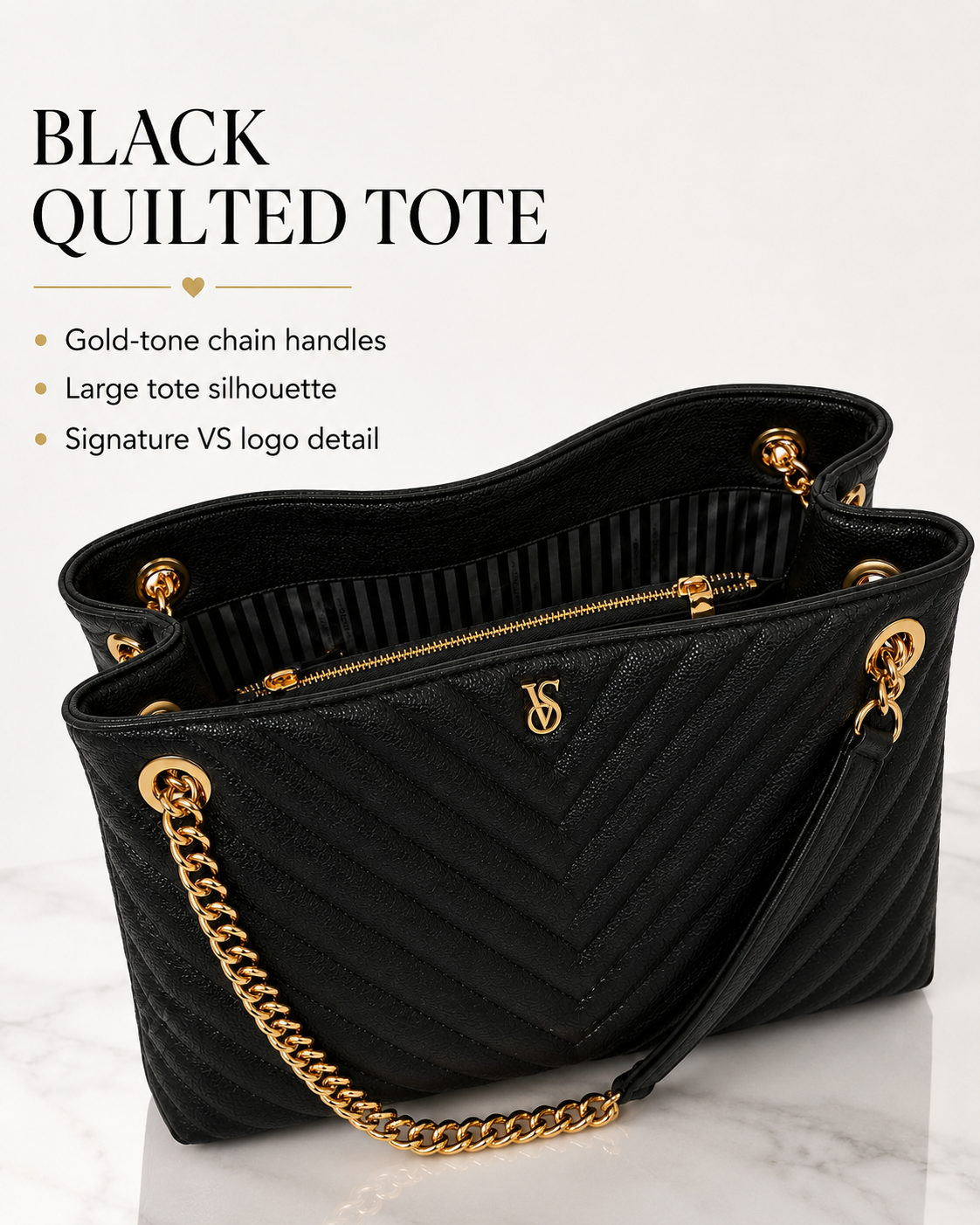 Victoria’s Secret The Victoria Black Quilted Tote Bag with Gold Chain Handles, Large, NWT