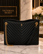 Victoria’s Secret The Victoria Black Quilted Tote Bag with Gold Chain Handles, Large, NWT