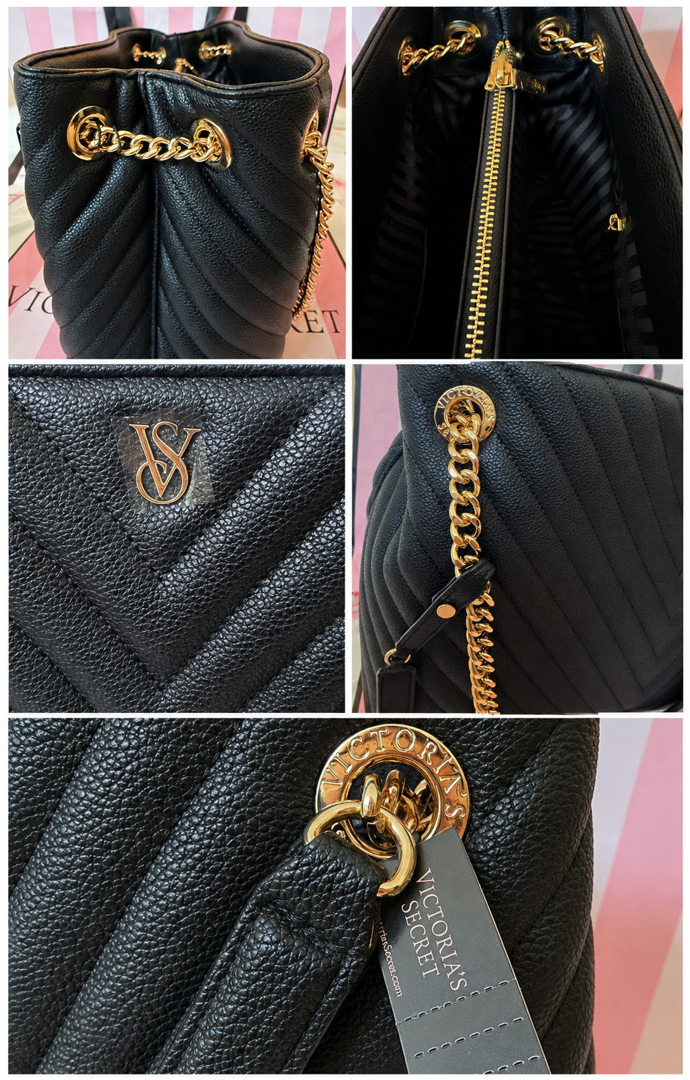 Victoria’s Secret The Victoria Black Quilted Tote Bag with Gold Chain Handles, Large, NWT