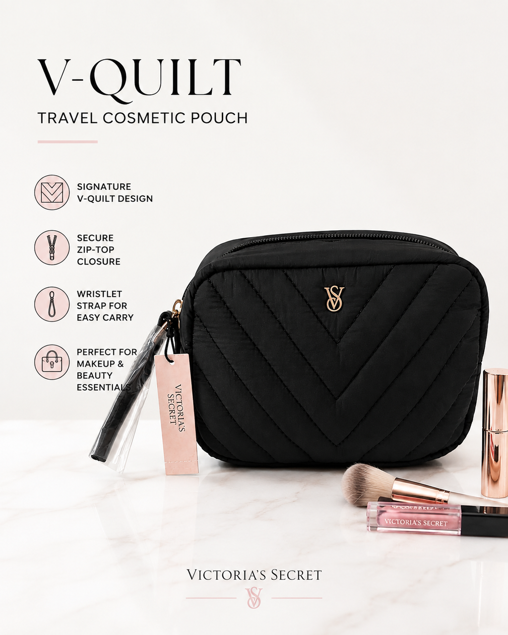Victoria’s Secret V-Quilt Travel Cosmetic Pouch with Wristlet, Black