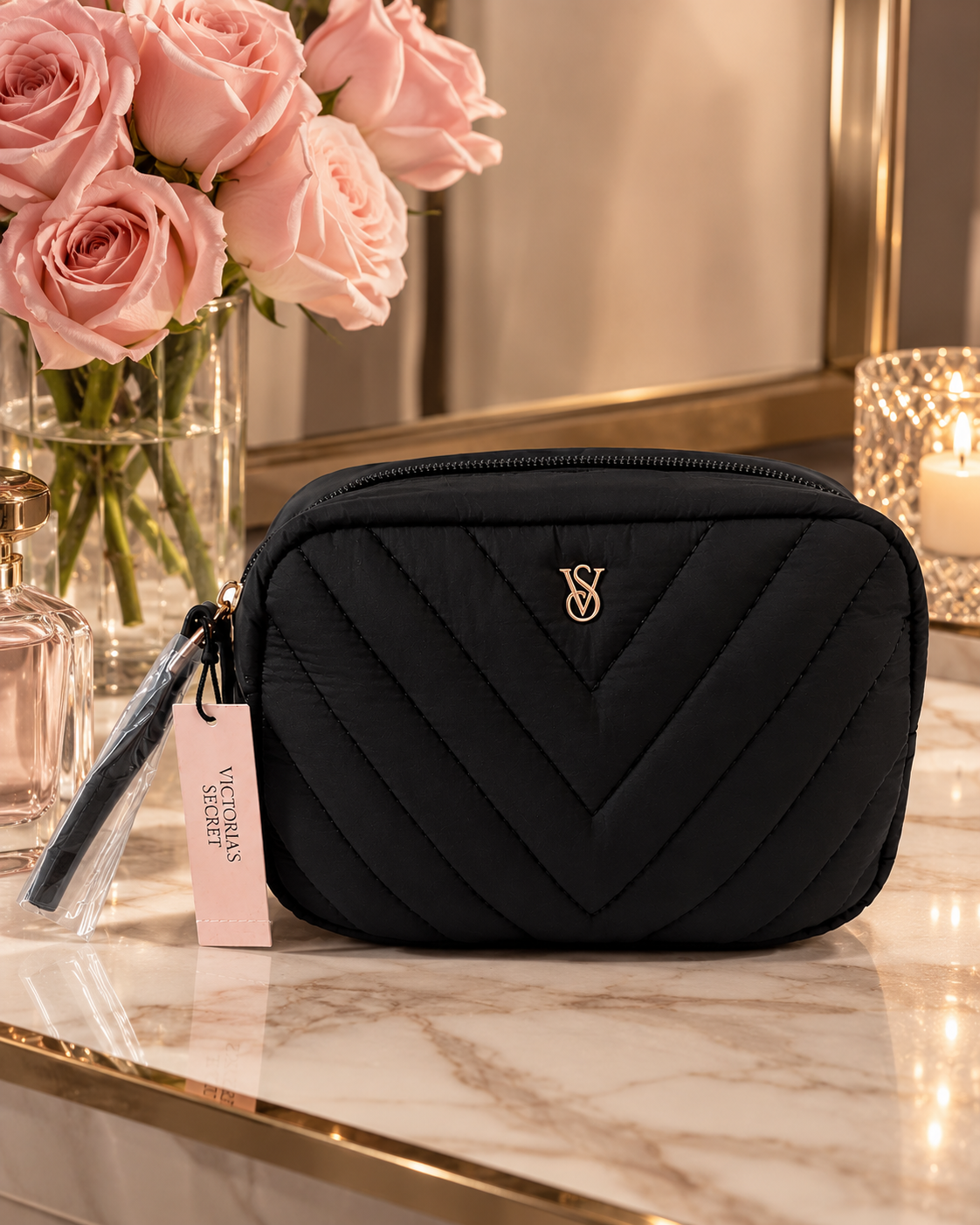 Victoria’s Secret V-Quilt Travel Cosmetic Pouch with Wristlet, Black
