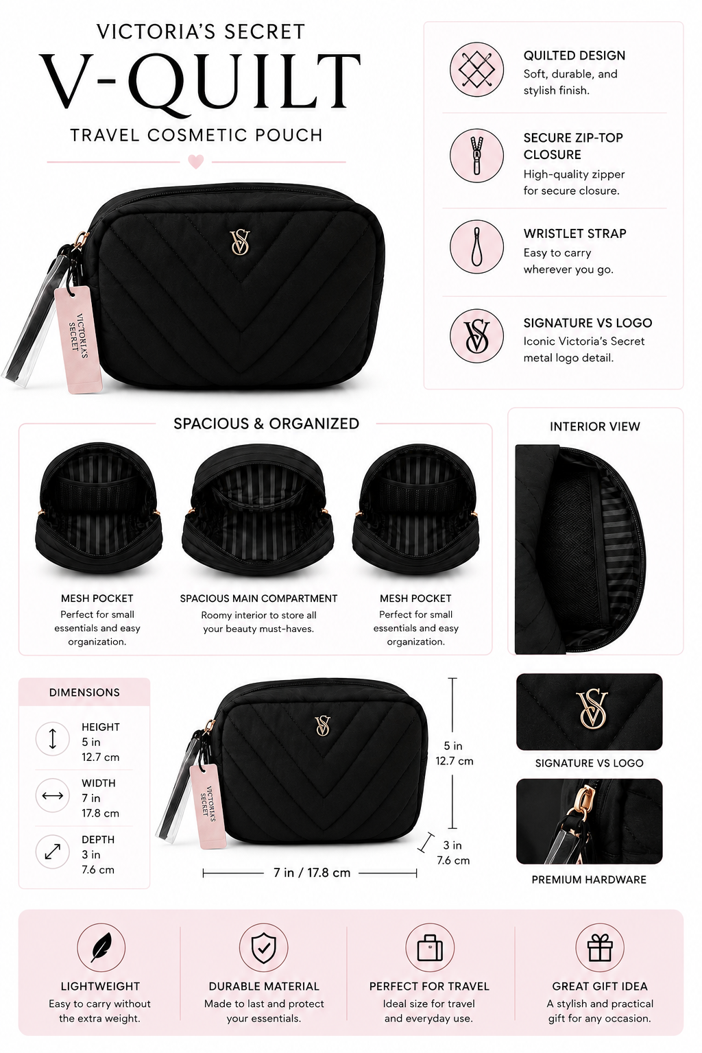 Victoria’s Secret V-Quilt Travel Cosmetic Pouch with Wristlet, Black