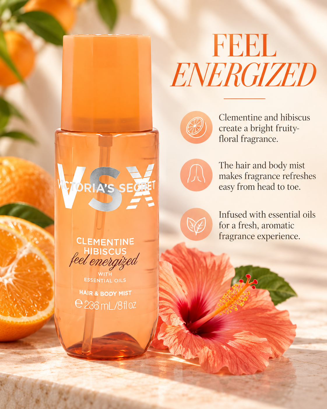 Victoria’s Secret Clementine Hibiscus Feel Energized Hair & Body Mist, 8 fl oz
