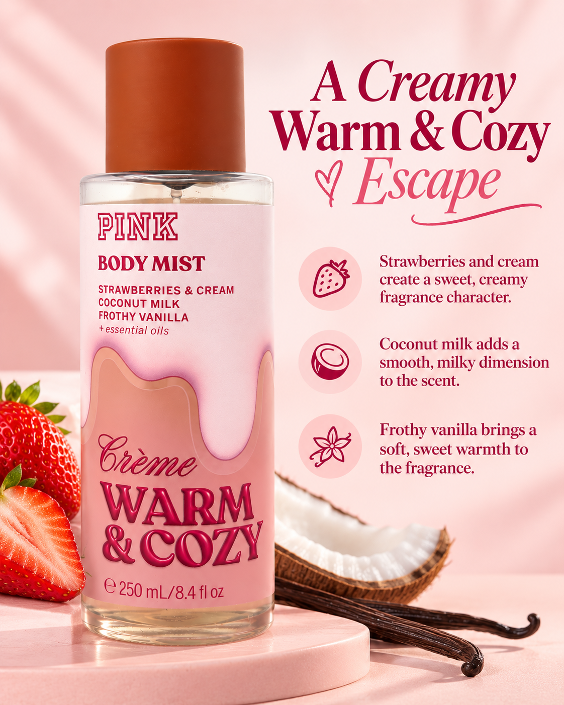 Victoria’s Secret PINK Crème Warm & Cozy Body Mist, 8.4 fl oz / 250 mL