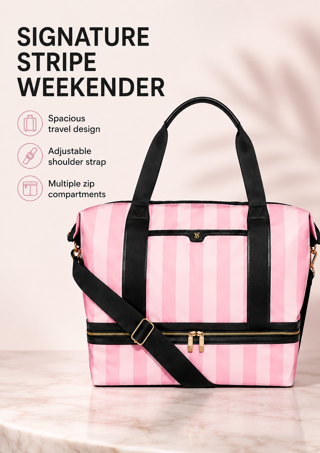 Victoria’s Secret Signature Stripe Weekender Tote Bag Pink & White